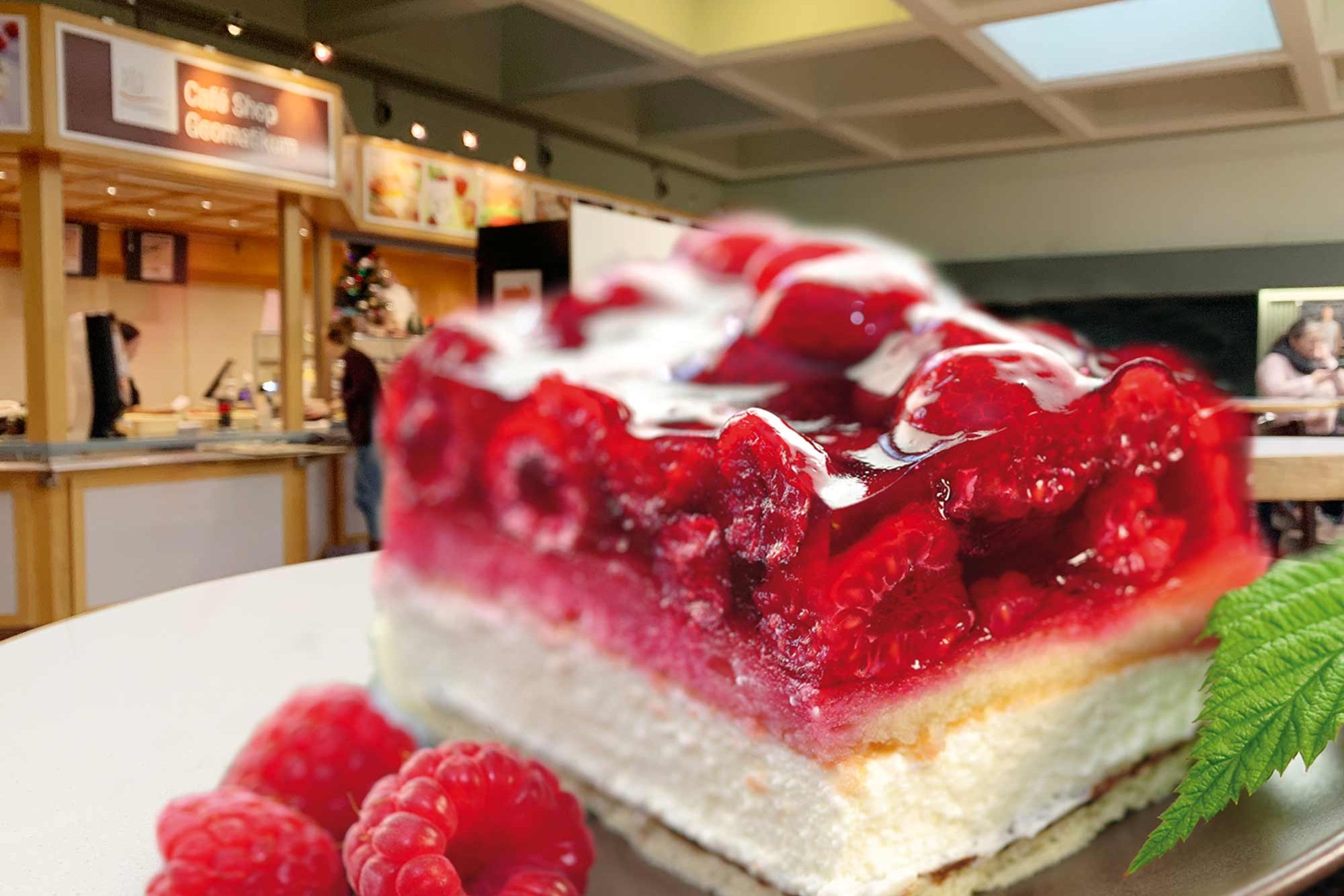 A slice of raspberry cake on a plate at Café Geomatikum