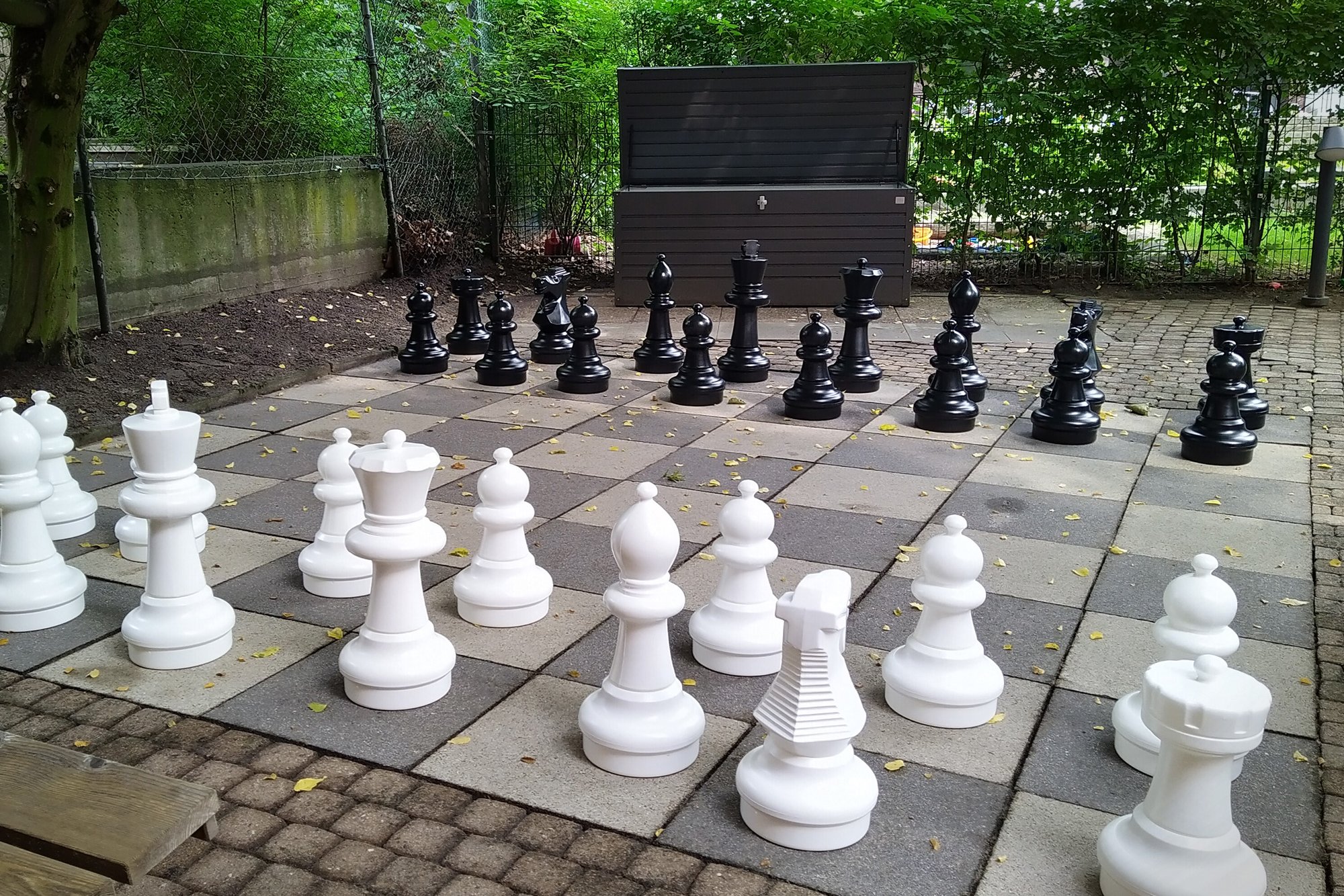 Oversized outdoor chess board in the Europa- und Georgi-Haus residential complex